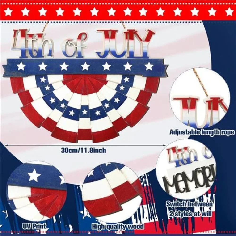 4th of July Decoration Patriotic Door Sign Wooden Red White Blue